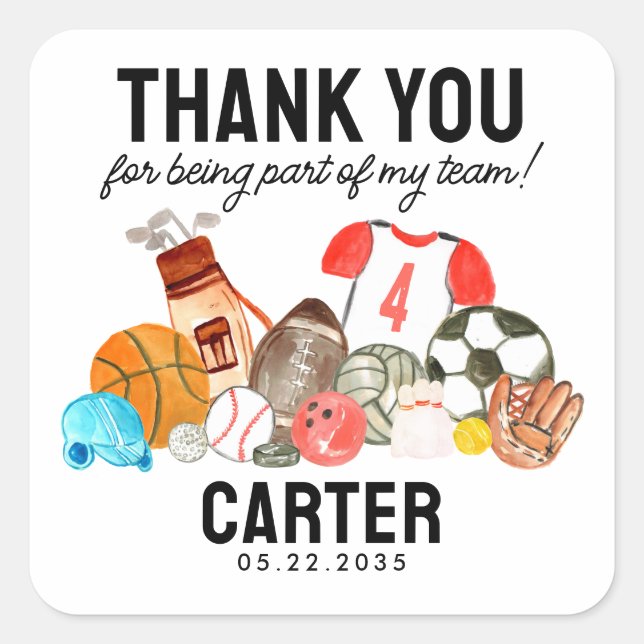 Cute Sports Balls Kids Birthday Thank You Favour Square Sticker (Front)
