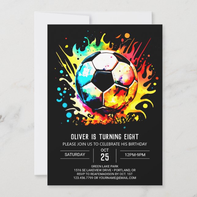 Cute Sports Watercolor Soccer Birthday Invitation (Front)