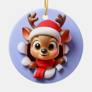 Cute Spotted Santa's Reindeer Bursting Through Ceramic Tree Decoration