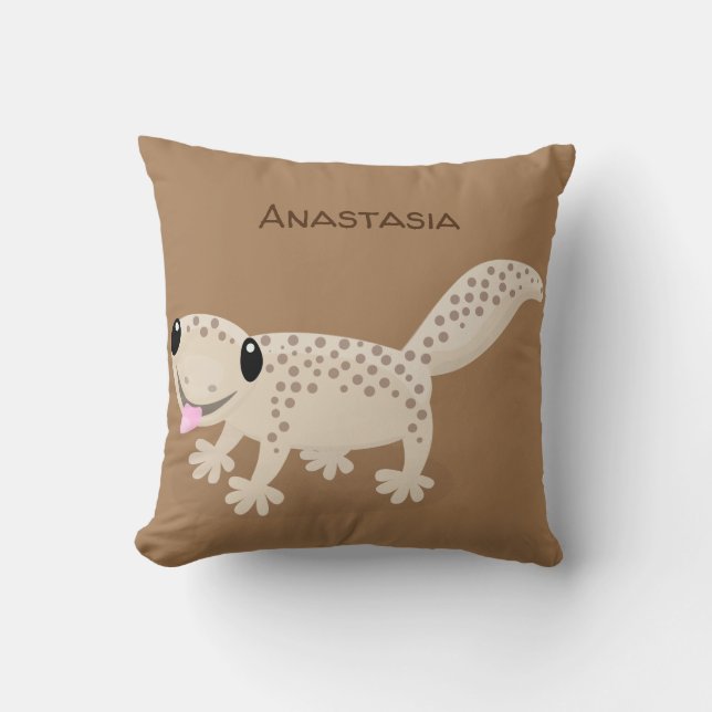 Cute spotted tan gecko cartoon illustration cushion (Front)