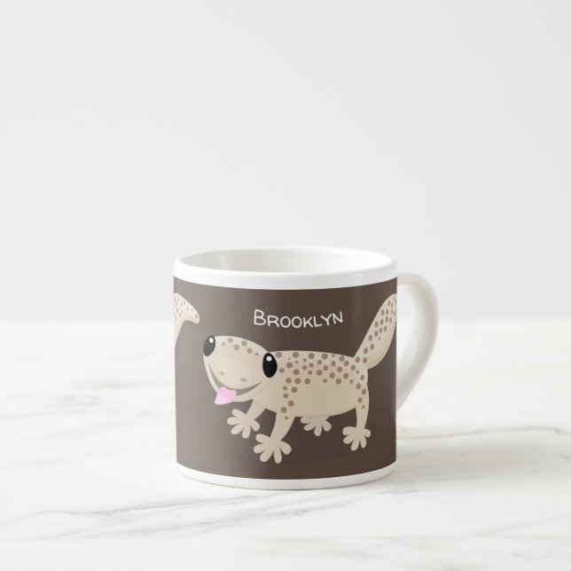 Cute spotted tan gecko cartoon illustration espresso cup (Front Right)