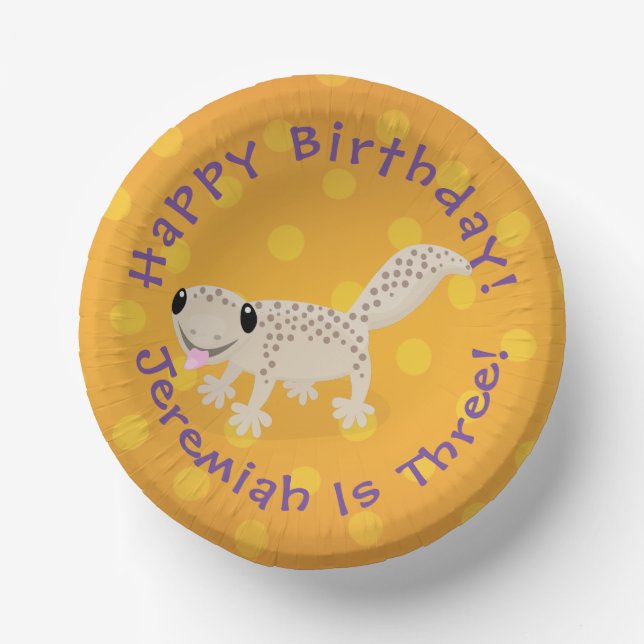 Cute spotted tan gecko cartoon illustration paper plate (Front)