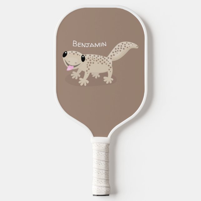 Cute spotted tan gecko cartoon illustration  pickleball paddle (Front)