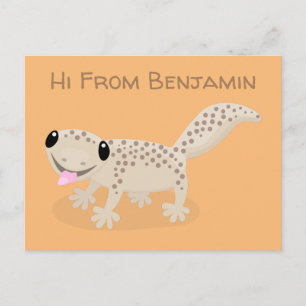 Cute spotted tan gecko cartoon illustration postcard
