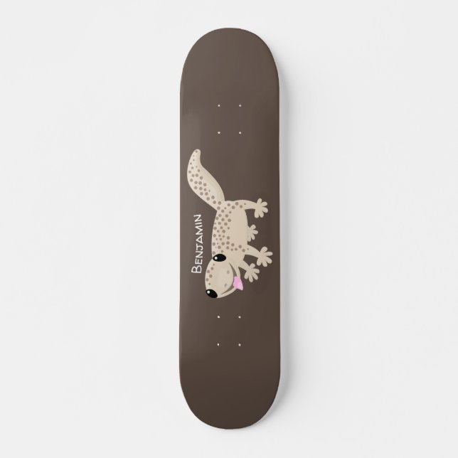 Cute spotted tan gecko cartoon illustration skateboard (Front)