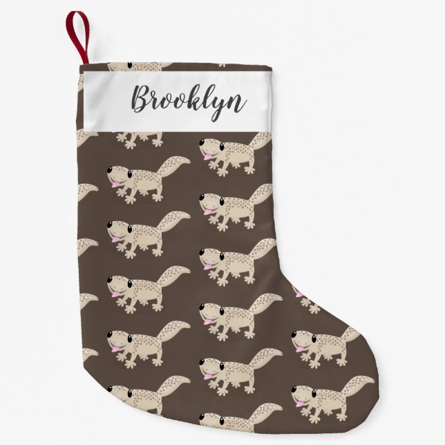 Cute spotted tan gecko cartoon illustration  small christmas stocking (Front)