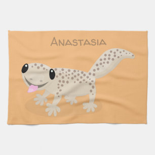 Cute spotted tan gecko cartoon illustration tea towel