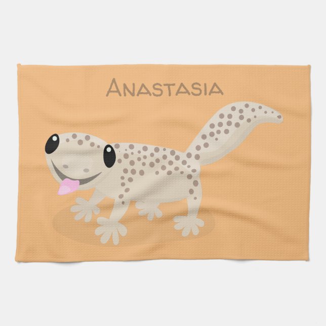 Cute spotted tan gecko cartoon illustration tea towel (Horizontal)