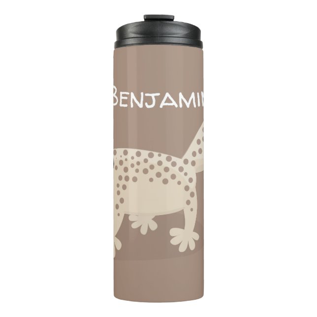 Cute spotted tan gecko cartoon illustration thermal tumbler (Front)