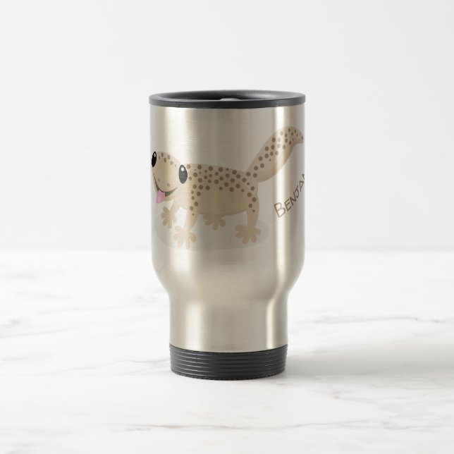 Cute spotted tan gecko cartoon illustration travel mug (Center)