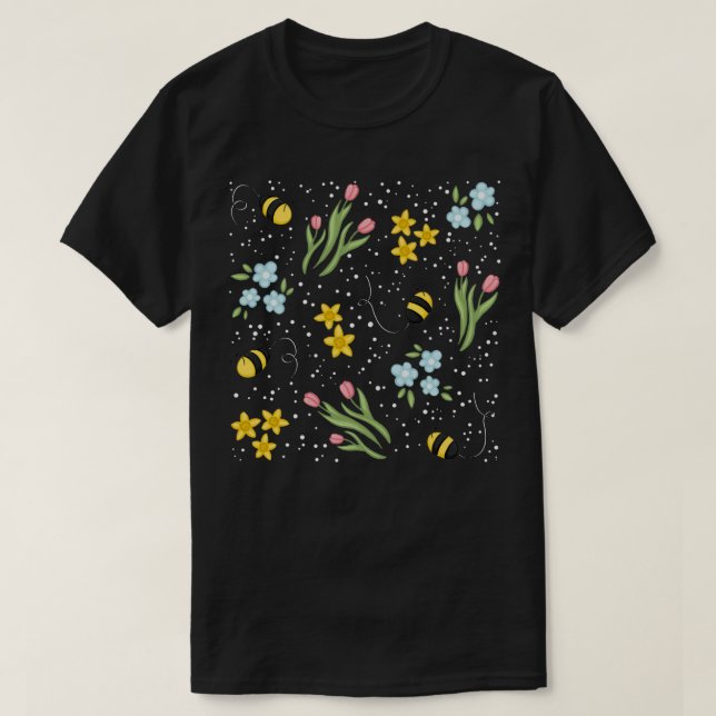 Cute Spring Bee Tulips and Daffodils Flower Patter T-Shirt (Design Front)