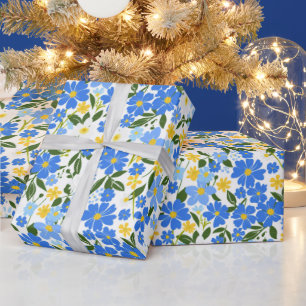 Cute Spring Blue and Yellow Flowers Pattern Wrapping Paper