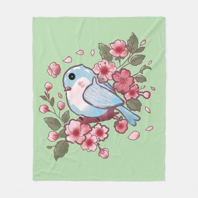 Cute Spring Bluebird & Cherry Blossom Watercolor A Fleece Blanket (Front)