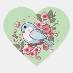 Cute Spring Bluebird & Cherry Blossom Watercolor A Heart Sticker