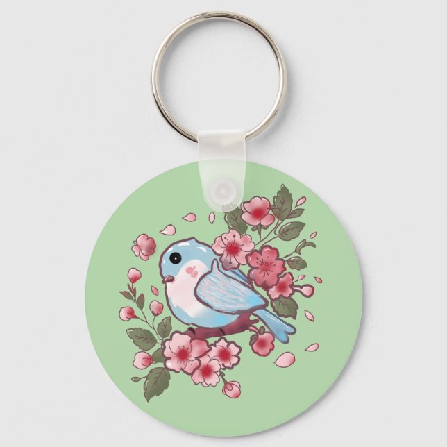 Cute Spring Bluebird & Cherry Blossom Watercolor A Key Ring (Front)