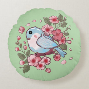 Cute Spring Bluebird & Cherry Blossom Watercolor A Round Cushion
