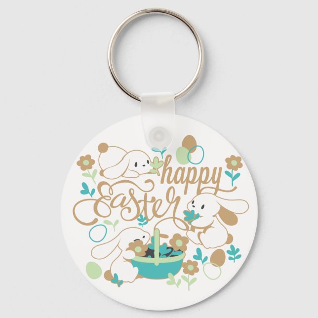 Cute Spring Bunny and Easter Garden Key Ring (Front)