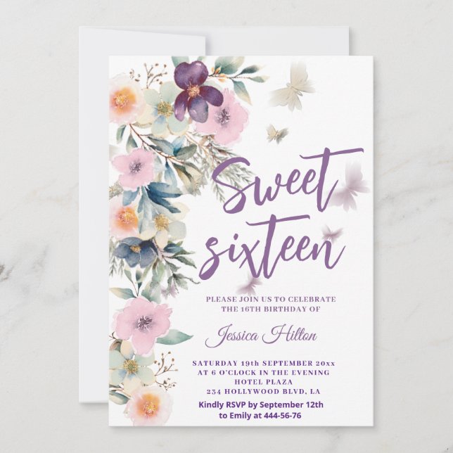 Cute Spring Butterfly boho floral sweet 16 Invitation (Front)