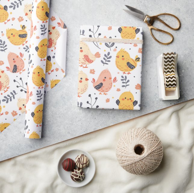 Cute Spring Chicks and Floral Pattern Wrapping Paper (Crafts)