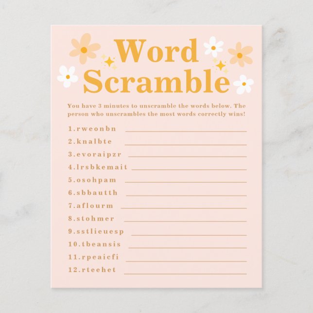 Cute Spring Daisy Baby Shower Word Scramble Game  (Front)