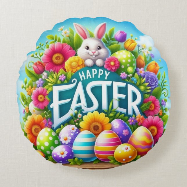 Cute spring/Easter bunny with egg Round Cushion (Front)
