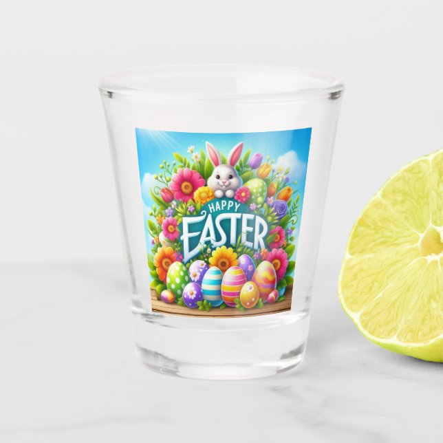Cute spring/Easter bunny with egg Shot Glass (Front)