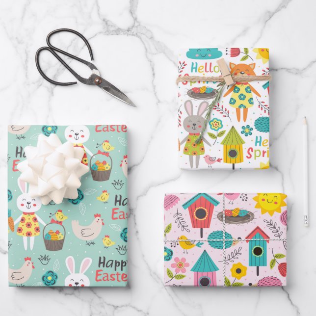 Cute Spring / Easter Cartoons Patterns Wrapping Paper Sheet (Front)