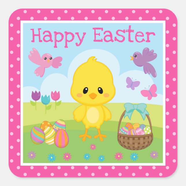 Cute Spring Easter Chick & Chocolate Eggs Easter Square Sticker (Front)