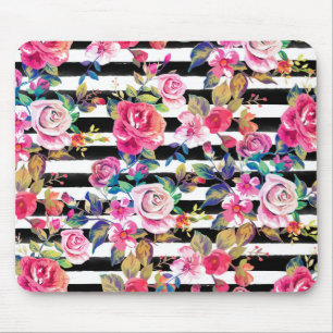 Cute spring floral and stripes watercolor pattern mouse mat