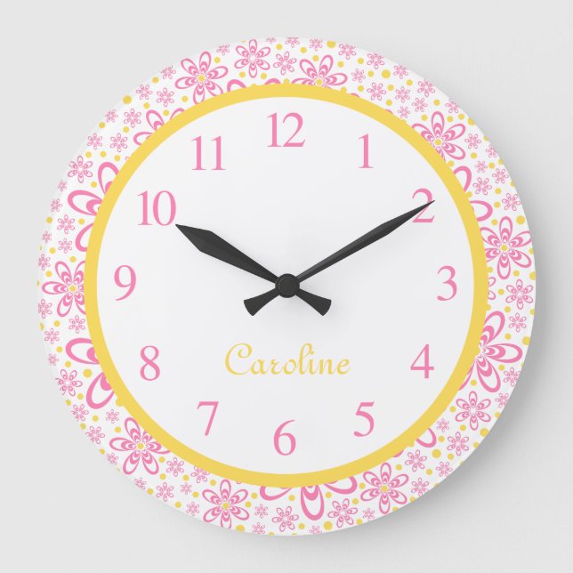 Cute Spring Floral Yellow & Pink Wall Clock (Front)