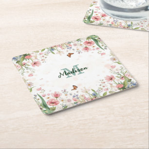 Cute Spring Flower Wildflower Bouquet Butterflies Square Paper Coaster