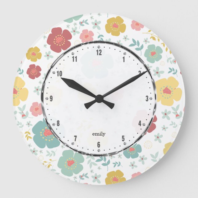 Cute Spring Flowers Pattern Pastel Colours Large Clock (Front)