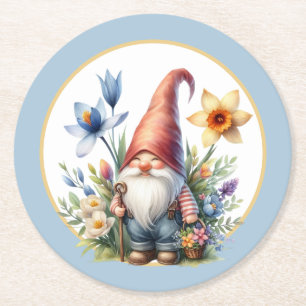 Cute Spring garden party gnome  Round Paper Coaster