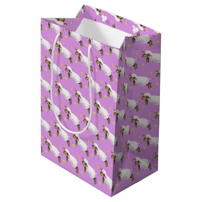 Cute spring lamb skipping purple gift bag (Back Angled)