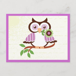 Cute spring owl holding a flower in her beak postcard
