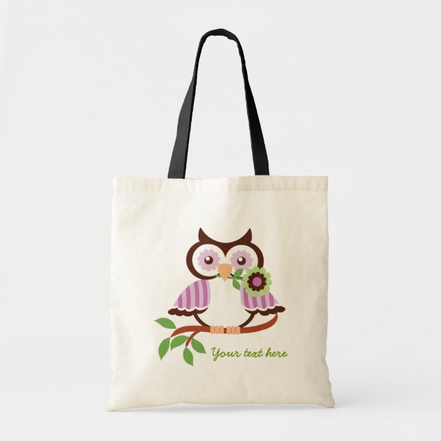 Cute spring owl holding a flower in her beak tote bag (Front)