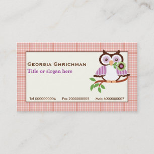 Cute spring owl on a branch, orange plaid border business card