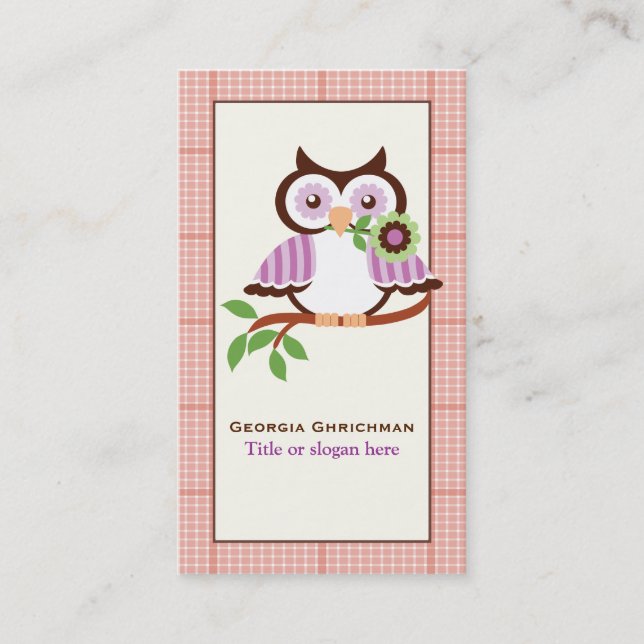 Cute spring owl on a branch, orange plaid border business card (Front)