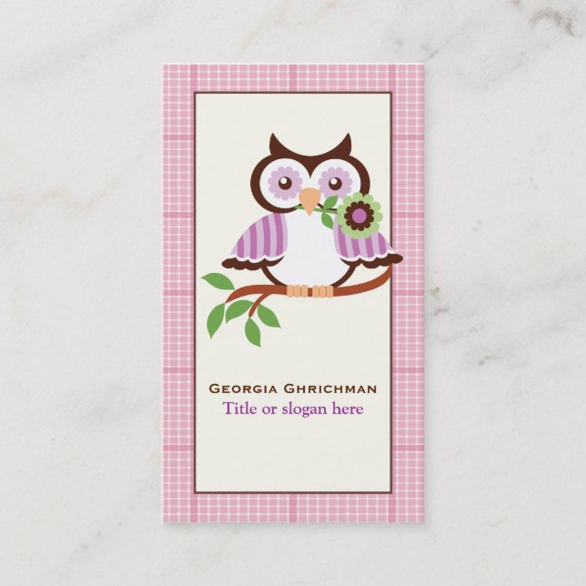 Cute spring owl on a branch, pink plaid border business card (Front)
