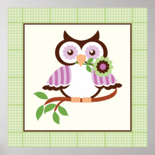 Cute spring owl on a branch poster print
