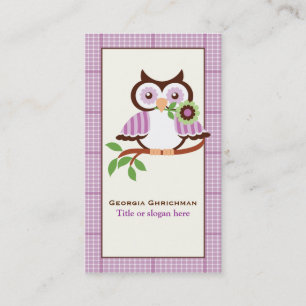 Cute spring owl on a branch, purple plaid border business card