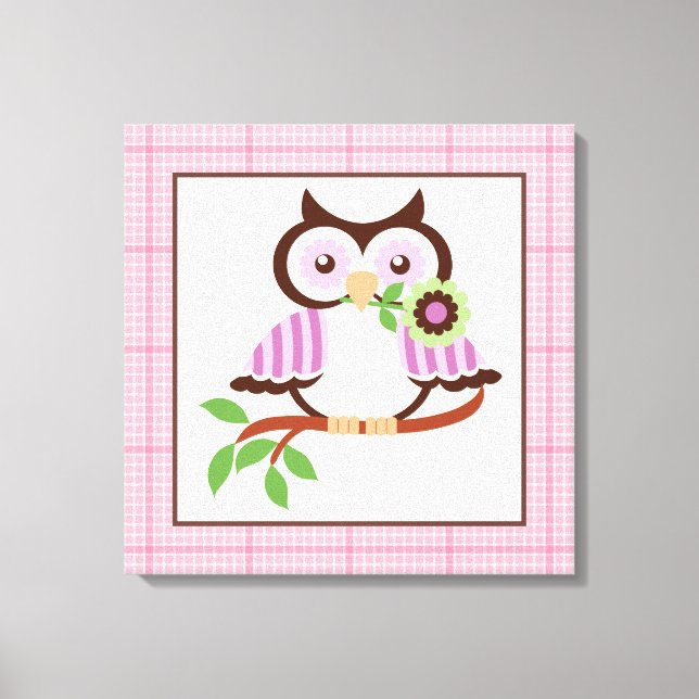 Cute spring owl on a branch wrapped canvas print (Front)