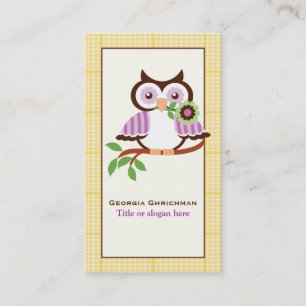 Cute spring owl on a branch, yellow plaid border business card