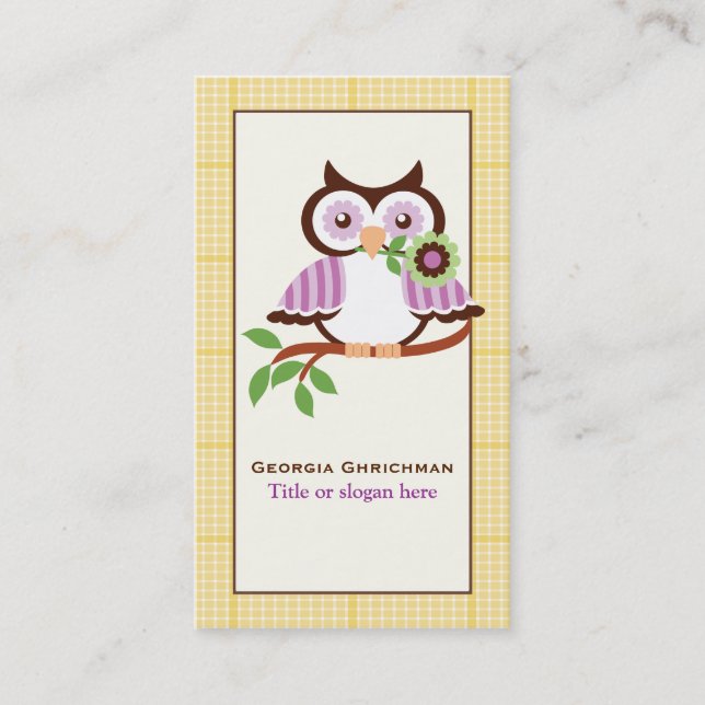Cute spring owl on a branch, yellow plaid border business card (Front)