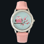 Cute Spring Pink Owl Watch<br><div class="desc">Custom watch features an adorable vector illustration of an owl perched on a cherry blossom or Japanese sakura tree.</div>