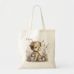 Cute Spring Puppy Illustration with Pastel Flowers Tote Bag