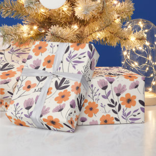 Cute Spring Purple and Orange Flowers Pattern Wrapping Paper