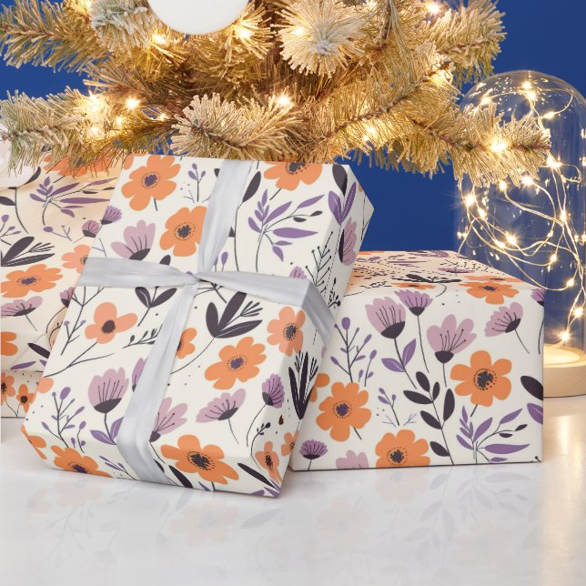 Cute Spring Purple and Orange Flowers Pattern Wrapping Paper (Holidays)