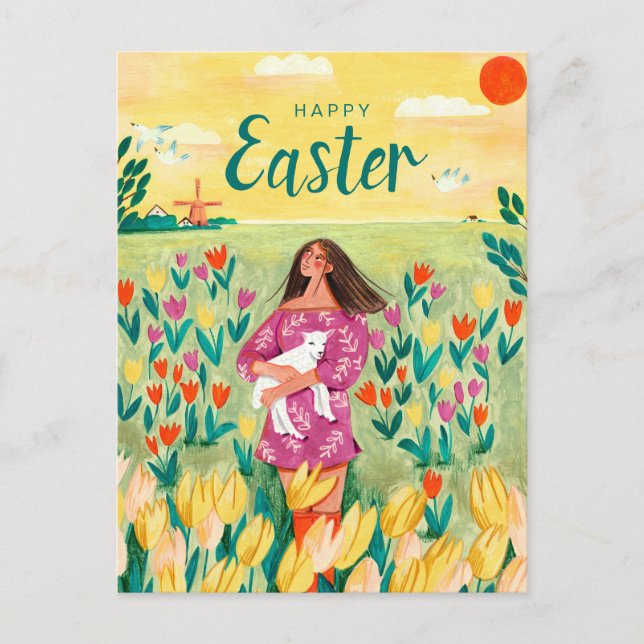 Cute spring woman in tulip field Easter Holiday Postcard (Front)