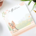 Cute Spring Yorkshire Terrier Floral Personalised Notepad<br><div class="desc">This personalised notepad features an adorable Yorkshire Terrier sitting on a pastel-toned ledge, surrounded by delicate spring florals with a soft watercolor cityscape in the background. Perfect for Yorkie lovers, pet owners, and dog enthusiasts who enjoy charming stationery. Customise the text at the top for a personal touch, making it...</div>